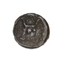 Bronze coin, Pantikapaion; obverse: head of a bearded Satyr to the left; reverse: bull's head to