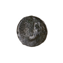bronze coin, Pantikapaion; obverse: head of bearded Satyr left; reverse: head of bull left, letters