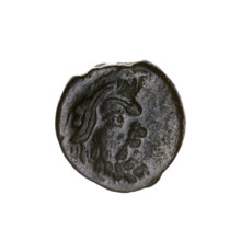 Bronze coin, Pantikapaion; obverse: head of bearded Satyr left (iconographic); concave impression