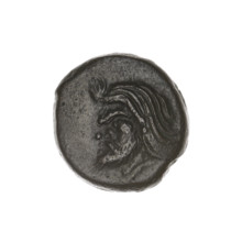 bronze coin, Pantikapaion; obverse: head of a bearded Satyr to the left; reverse: bull's head to