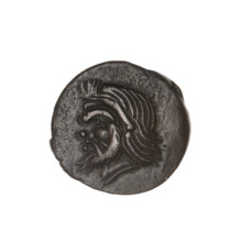 bronze coin, Pantikapaion; obverse: head of a bearded Satyr to the left; reverse: bull's head to