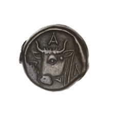bronze coin, Pantikapaion; obverse: head of a bearded Satyr to the left; reverse: bull's head to