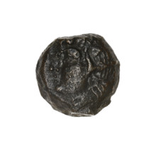 Bronze coin, Pantikapaion; obverse: head of a beardless satyr in an ivy wreath facing left;