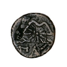 bronze coin, Pantikapaion; obverse: head of bearded Satyr in ivy wreath to the left, pierced on the