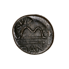 bronze coin, Pantikapaion; obverse: head of bearded Satyr in ivy wreath left, pierced on type of