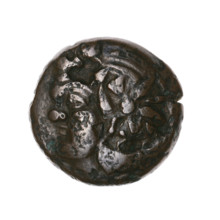 bronze coin, Pantikapaion; head of bearded Satyr in ivy wreath facing left, pierced on beardless