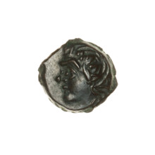 bronze coin, Pantikapaion; obverse: head of beardless Satyr in an ivy wreath facing left; reverse: