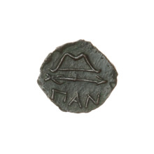 bronze coin, Pantikapaion; obverse: head of beardless Satyr in an ivy wreath facing left; reverse: