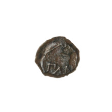 Bronze coin, Pantikapaion. Obverse: head of a beardless Satyr in an ivy wreath facing left.