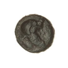 bronze coin, Pantikapaion; aw: head of a bearded Satyr in an ivy wreath facing right; rw: bow and