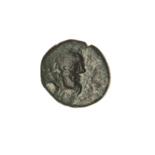 Bronze coin, Pantikapaion; obverse: head of bearded Satyr in ivy wreath facing right; reverse: bow
