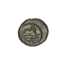bronze coin, Pantikapaion; obverse: head of bearded Satyr in ivy wreath facing right; reverse: bow