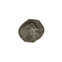 bronze coin, Pantikapaion; obverse: bearded Satyr's head left, countermark (tripod and inscription