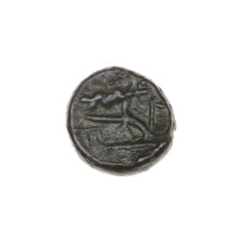 bronze coin, Pantikapaion; obverse: bull's head 3/4 to the right; reverse: plough to the left,
