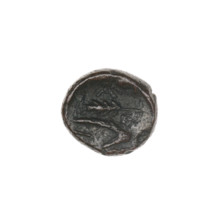 bronze coin, Pantikapaion; obverse: bull's head 3/4 right; reverse: plough left, above it ear of