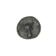 bronze coin, Pantikapaion; obverse: bull's head 3/4 to the right; reverse: plough to the left,