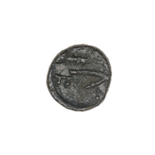 bronze coin, Pantikapaion; obverse: bull's head 3/4 to the right; reverse: plough to the left,