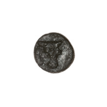 Bronze coin, Pantikapaion; obverse: bull's head three-quarters right; reverse: plough left, above