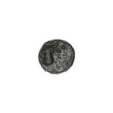 bronze coin, Pantikapaion; obverse: bull's head 3/4 to the right; reverse: plough to the left,