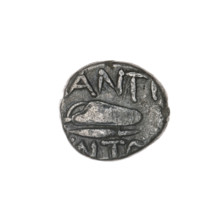 drachma, Pantikapaion; iconography: bow in a quiver (gorytos) and head of Apollo; aw: head of