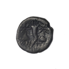Bronze coin, Pantikapaion; obverse: head of bearded Satyr in ivy wreath facing left; reverse: