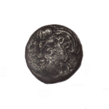 bronze coin, Pantikapaion; iconography: Dioscuri caps, Satyr's head, cornucopia; subject: Satyr