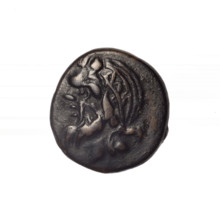 bronze coin, Pantikapaion; obverse: head of bearded Satyr in ivy wreath facing left; reverse: