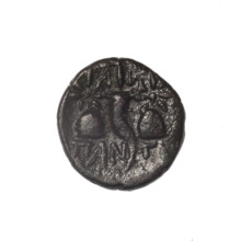 bronze coin, Pantikapaion; iconography: Dioscuri caps, Satyr's head, cornucopia; motifs: head of