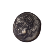 Bronze coin from Pantikapaion depicting the Dioscuri caps (iconographic) and a Satyr's head