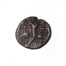 bronze coin, Pantikapaion, Dioscuri caps (iconographic), Satyr's head (iconographic), Black Sea,