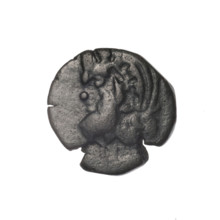 Bronze coin, Pantikapaion; obverse: head of bearded Satyr in an ivy wreath facing left; reverse: