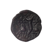 bronze coin, Pantikapaion; head of Satyr (iconographic); Dioscuri caps (iconographic); Black Sea;