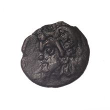 Bronze coin, Pantikapaion; obverse: head of a bearded Satyr in an ivy wreath to the left; reverse:
