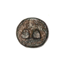 Bronze coin, Pantikapaion; obverse: head of a beardless Satyr in a willow wreath facing right;