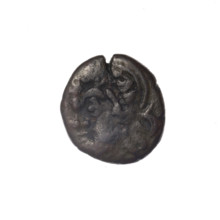 Bronze coin, Pantikapaion. Obverse: head of bearded Satyr in ivy wreath facing left. Reverse: