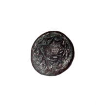 bronze coin, Pantikapaion; obv: head of Apollo right; reverse: laurel wreath, inscription below;