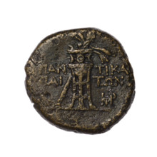 bronze coin, Pantikapaion; obverse: head of Apollo in a laurel wreath to the right; obverse: