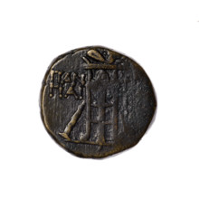 Bronze coin, Pantikapaion. Obverse: head of Apollo in a laurel wreath to the right. Reverse: