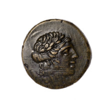 bronze coin, Pantikapaion; head of Apollo (iconographic), tripod (iconographic), thyrsus