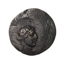 Bronze coin, Pantikapaion. Obverse: head of Apollo in a laurel wreath facing right. Reverse: