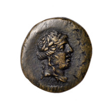 bronze coin, Pantikapaion; head of Apollo (iconographic); tripod (iconographic); thyrsus