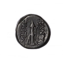 bronze coin, Pantikapaion; obverse: head of Apollo in laurel wreath facing right; reverse: quiver