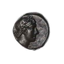 bronze coin, Pantikapaion; obverse: head of Apollo in a laurel wreath to the right; reverse: quiver