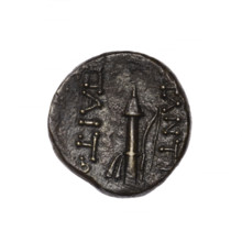 Bronze coin, Pantikapaion; obv: head of Apollo in laurel wreath facing right; rev: quiver with