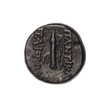 bronze coin, Pantikapaion; head of Apollo (iconographic); bows (armed); quivers; Black Sea; Apollo