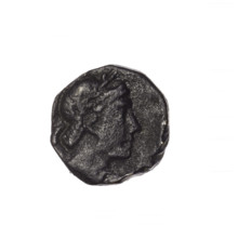 bronze coin, Pantikapaion; obv: head of Apollo in laurel wreath facing right; rev: quiver with
