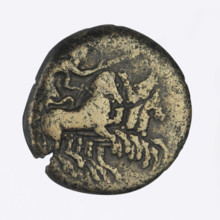 Bronze coin, Chersonesos; obverse: Artemis (Deva) on a quadriga to the right, a torch in her raised
