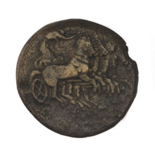 Bronze coin, Chersonesos; Artemis on a quadriga (iconographic); warriors; kneeling warrior