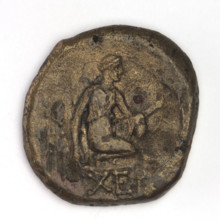 Bronze coin, Chersonesos; obverse: eagle-headed griffin to the left; reverse: Artemis (Deva)