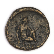 Bronze coin, Chersonesos, 330–320 BC. Obverse: eagle-headed griffin facing left. Reverse: Artemis